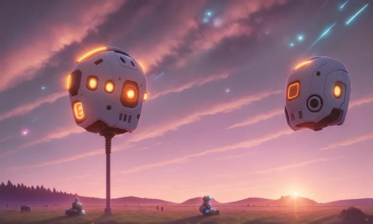 rural landscape, sunset, evening, stars, robots, distant massive compex, single sun, few cumulus clouds, planet in the sky, blue sky, hovercraft, shining lights, sun rays, sun spots, smooth light, lens flare, Simon Stalenhag