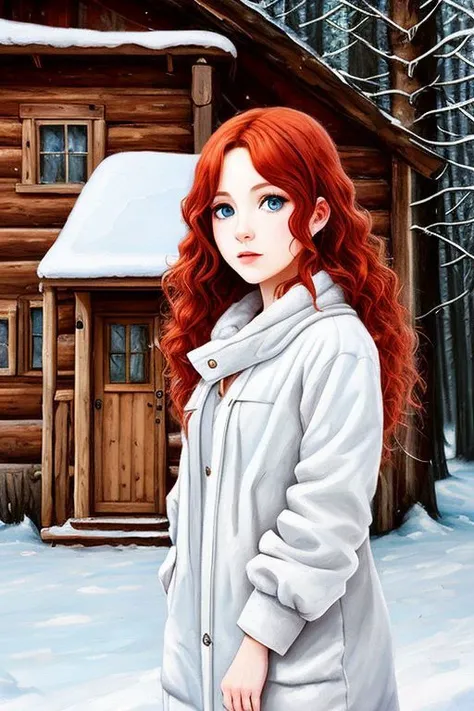 (chib dolli:1.3), a woman with red hair and blue eyes standing in front of a snow covered forest and a cabin in the background,  curly [blondie|blondie|red] hair, a character portrait, neo-romanticism, hdr, intricate details, oil painting, sharp focus