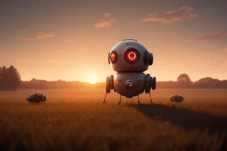 Single eyed round robot on six legs in the rural landscape, hd, 4k, ray tracing, octane render, backlight, accent lighting, sunset, DSLR, metallic, defocus, Simon Stalenhag