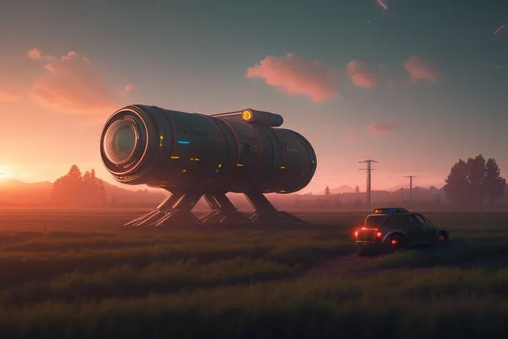 the rural futuristic landscape, hd, 4k, ray tracing, octane render, backlight, accent lighting, sunrise, DSLR, metallic, defocus, Simon Stalenhag