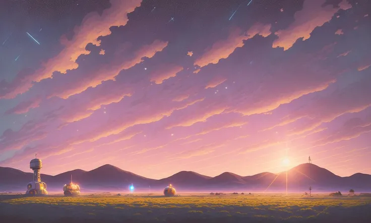 rural landscape, sunset, evening, stars, robots, distant control tower, single sun, few cumulus clouds, planet in the sky, blue sky, hovercraft, shining lights, sun rays, sun spots, smooth light, lens flare, Simon Stalenhag