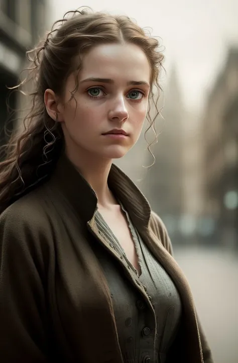 young woman in victorian blouse and cashmere coat, focus on her eyes, on London street, 4k textures, soft studio light, natural (eyes, skin and hair) texture, (insane details:1.3), 50mm, ISO 400, sharp focus, (cinematic look), depth of field, intricate, hdr, (cinematic film a still from the movie "Aliens":1.4), (hyperrealism:1.5)