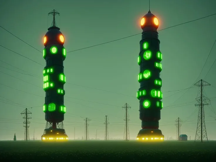 Green shining big tower with flashing lights in the fields in morning, DOF, Simon Stalenhag
