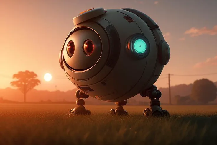 Single eyed round robot on six legs in the rural landscape, hd, 4k, ray tracing, octane render, backlight, accent lighting, sunset, DSLR, metallic, defocus, Simon Stalenhag