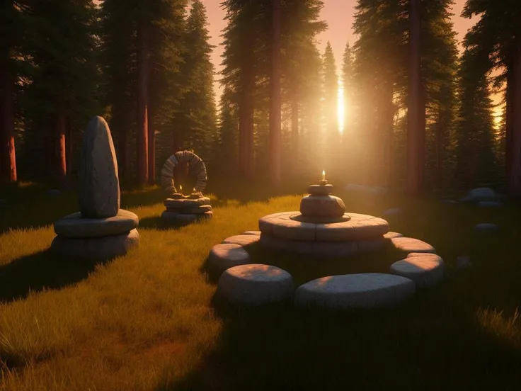 environment, pagan summer solstice stone altar in the middle of pine forest, luminescent, ethereal, sunset, mythical, athame, magic circle, volumetric lighting, unreal engine