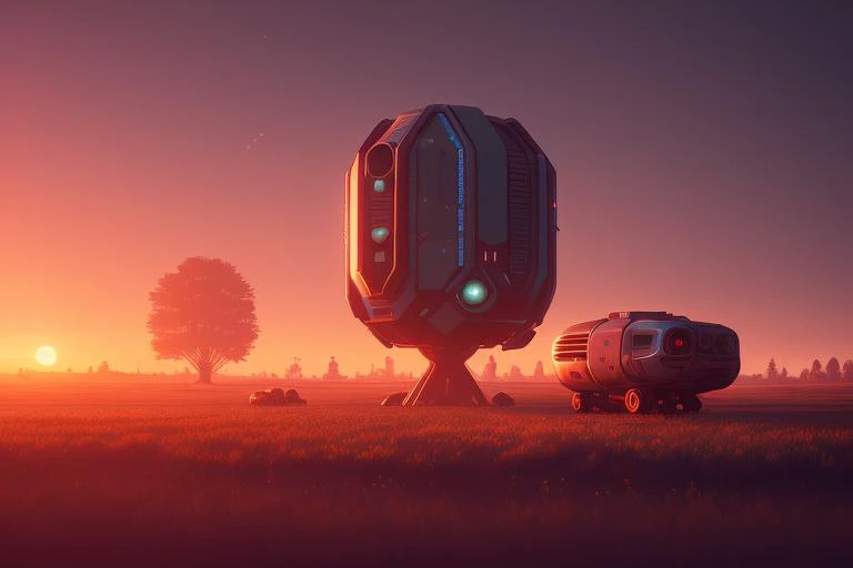the rural futuristic landscape, hd, 4k, ray tracing, octane render, backlight, accent lighting, sunrise, DSLR, metallic, defocus, Simon Stalenhag