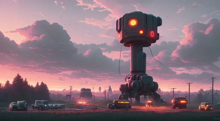rural landscape, sunrise, robots, distant massive compex, single sun, few cumulus clouds, lights, Simon Stalenhag