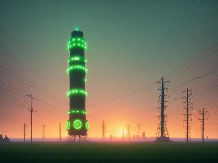 Green shining big tower with flashing lights in the fields in morning, industry, luminescent, ethereal, sunset, volumetric lighting, unreal engine, DOF, Simon Stalenhag