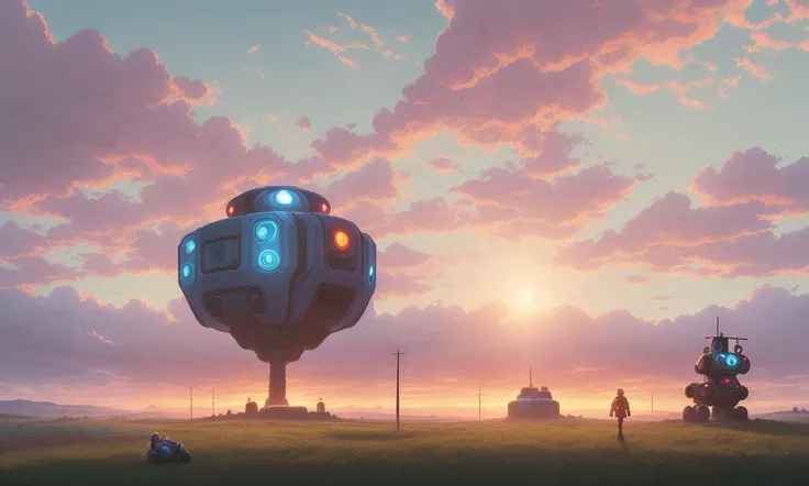 rural landscape, sunrise, robots, distant massive compex, single sun, few cumulus clouds, blue sky, hovercraft, shining lights, sun rays, sun spots, Simon Stalenhag