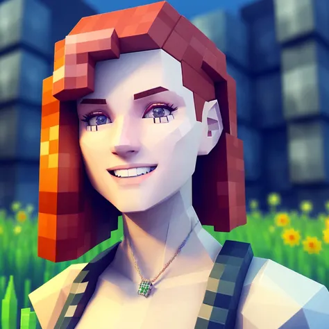 (minecrat:1.1), selfie, redhead, (red pixel hearth:1.5) necklace, slim, beautiful face, pale skin,(freckles:1.1), slender (cheekbones:1.3), closeup, smile, (3d render:1.5) (pixel texture:1.2) (low poly:1.1) (skin texture:1.1)