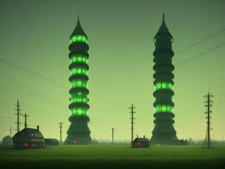 Green shining big tower with flashing lights in the fields in morning, DOF, Simon Stalenhag