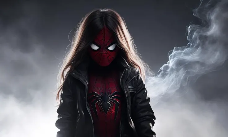 A cute young girl wearing (the cloths of Spiderman), brutal action pose, mistical dense fog, ominous shadows, (creepy:1.15), horror, dark fantasy, visible smoke, dramatic lighting