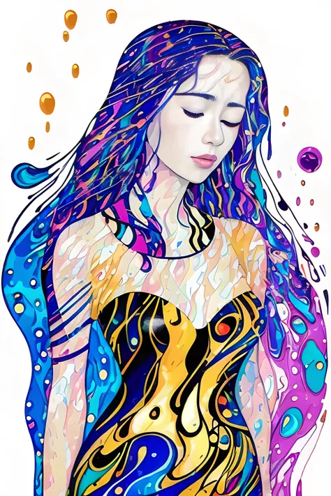 masterpiece, best quality, (2d minimalist vector illustration), 1girl, beautiful woman, closed eyes, colorful, (Gustav Klimt blends blue color long hair), (Wassily Kandinsky blends dress:1.2), (acrylic pour art blends background:1.4), (bust shot:1.4)
