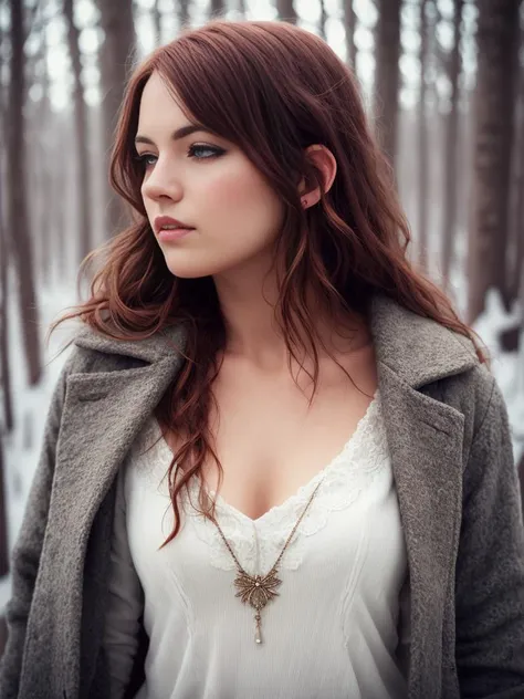 foxie european woman, ginger hair, winter forest, natural skin texture, 24mm, 4k textures, soft cinematic light, adobe lightroom, photolab, hdr, intricate, elegant, highly detailed, sharp focus, ((((cinematic look)))), soothing tones, insane details, intricate details, hyperdetailed, low contrast, soft cinematic light, dim colors, exposure blend, hdr, faded