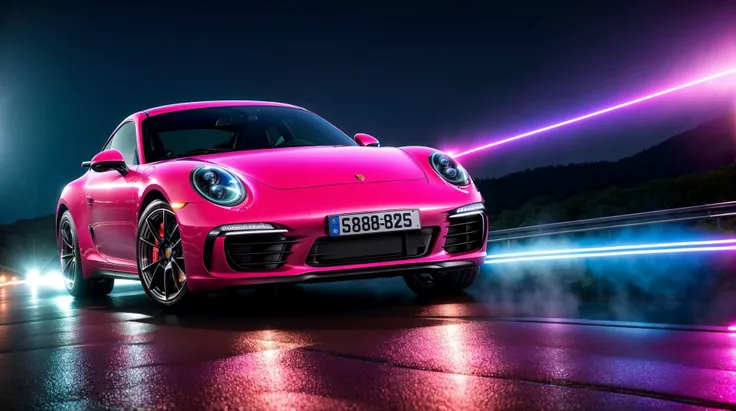 perfect masterpiece photo, very dynamic close shot of CAR:[Porsche 911 Carrera 4S]:1.5  [A car driving through a tunnel of rain, the droplets sparkling in the headlights.] in place of A winding river road with dense forest and scenic vistas in the moment of Summer: The sun beats down on the world, creating a sweltering heat. The air is thick with humidity, and the sky is a deep blue. The sound of crickets and cicadas fill the air, and the world seems to slow down as everyone seeks shade and relief from the heat. cinematic lighting of A bright, colorful light show illuminating a concert stage., 8K, HQ, Highly detailed, ultra realistic, hyper-realistic with dominance of Fuchsia: A vivid, hot pink color that is fun and exciting. photo is made with Canon EF 100mm f/2.8L Macro IS USM - macro lens for close-up photography by greg rutkowski,  strange, intricate, showing details, sharpen image