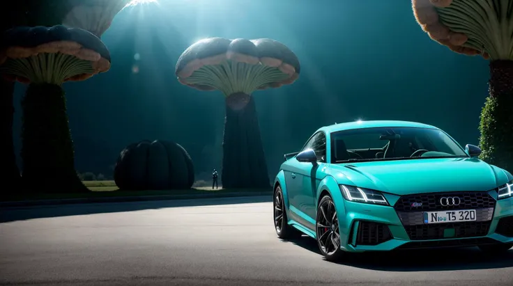 perfect masterpiece photo, very dynamic close shot of CAR:[Audi TTS]:1.5  [A car parked in the middle of a field of giant mushrooms, their caps reaching high into the sky.] in place of A desert mesa with an expansive sky overhead in the moment of Noon: The sun is high in the sky, casting harsh shadows and creating a heat that seems to seep into everything. The world is at its busiest, with people rushing to complete their daily tasks. The air is full of the scent of food and the sounds of conversation. cinematic lighting of A dark, shadowy room illuminated by a single, flickering candle., 8K, HQ, Highly detailed, ultra realistic, hyper-realistic with dominance of Teal green: A deep green-blue color that is both calming and invigorating. photo is made with Nikon AF-S Nikkor 50mm f/1.4G - fast aperture prime lens for low light and shallow depth of field by greg rutkowski,  strange, intricate, showing details, sharpen image