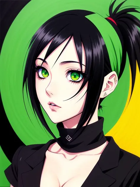 black hairr, green eye, aethstetic, full height, stockings, (acrylic paint:0.3), art, (cartoon:0.5), dull colors, (anime style:1.2) and LoRa SamDoesArt