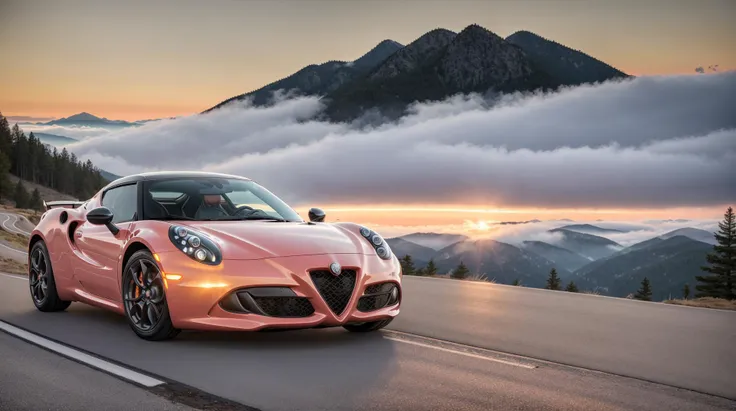 perfect masterpiece photo, very dynamic close shot of CAR:[Alfa Romeo 4C]:1.5  [A car driving down a winding road that is suspended in mid-air, surrounded by clouds.] in place of A mountain road with steep grades and sweeping views in the moment of Dawn: The world is shrouded in a blue haze as the sun begins to rise. The sky is painted with shades of pink and orange, and the birds begin to sing their morning songs. Everything is fresh and new, and the day is full of potential. cinematic lighting of A warm, amber light casting a cozy atmosphere in a rustic cabin., 8K, HQ, Highly detailed, ultra realistic, hyper-realistic with dominance of Taupe: A warm, grayish-brown color that is sophisticated and refined. photo is made with Sony FE 100-400mm f/4.5-5.6 GM OSS - super telephoto zoom lens for wildlife and bird photography by greg rutkowski,  strange, intricate, showing details, sharpen image