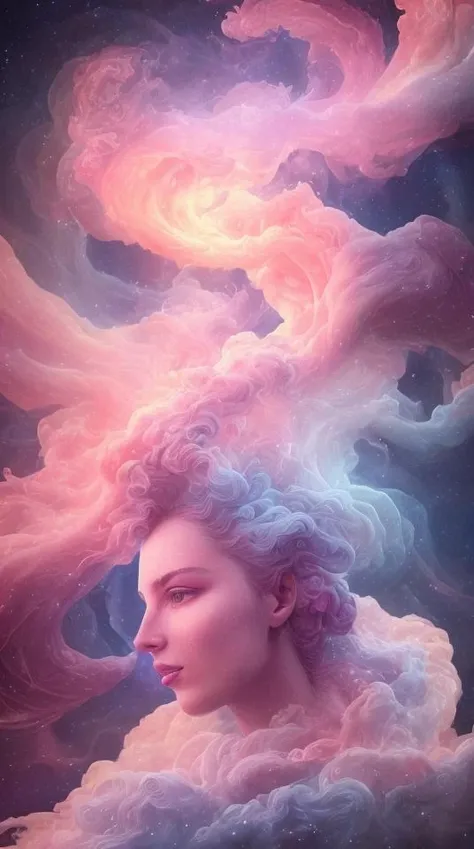raytraced render and digital painting of the inconceivable and spectacular a scene of emergence of a figure from the glowing cloud, cosmic entities, celestial, cosmic, luxury, elegant, ornate, vibrant and vivid, smooth, soft billowing smoke, bright, heavenly, elegant, swirls, cosmic nebula vines, nebula threads, twirling, billowing, cinematic, unrealistic, high contrast, symobolism, magical, mystical, mystifying, obscure, perplexing, hyperrealistic, oversaturate, colorfully