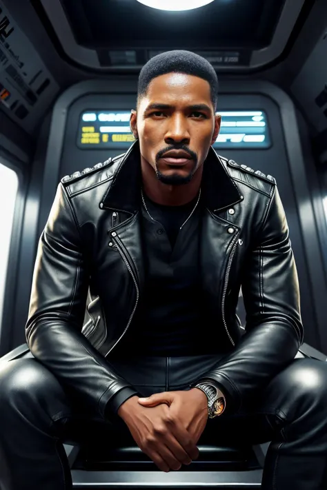airbrush of (Jamie Foxx:Denzel Washington:0.66) as an african male of 27, buzzcut, sitting, black leather jacket, black shirt, intense, moody, background is a metro car, underground, dark, dramatic lighting, intricate, dark, (sci-fi:1.3), detailed face and eyes, higly detailed skin, 8k uhd, sharp focus, professional, best quality