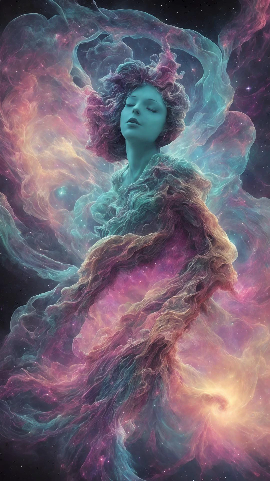 inconceivable and spectacular a scene of emergence of a figure from the glowing cloud, fractal nebula threads, cosmic entities, celestial, cosmic, vibrant and vivid, swirls, twirling, unrealistic, high contrast, symobolism, magical, mystical, mystifying, hyperrealistic, oversaturate, colorfully