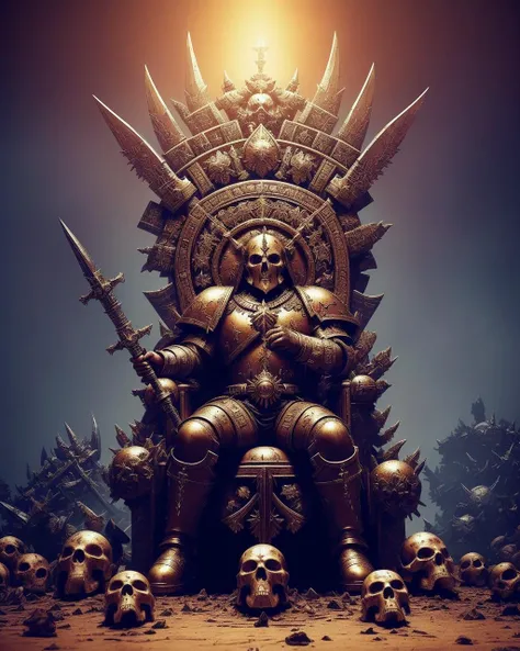 photo of chaos space marines, sitting on a throne of skulls, warhammer40k, dark fantasy, (extremely detailed CG unity 8k wallpaper), photo of the most beautiful artwork in the world, Intricate, High Detail, Sharp focus, dramatic, blood, wounds, blood splatter, blood puddle, brutality, epic, masterpiece