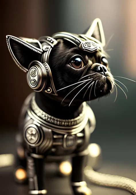 a cute dog  pug made out of metal, (cyborg:1.1), ([tail | detailed wire]:1.3), (intricate details), hdr, (intricate details, hyperdetailed:1.2), cinematic shot, vignette, centered, lightroom 