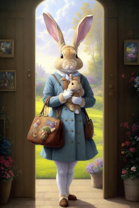 a painting of a rabbit in a coat and dress standing in front of a door with a bag in his hand, Beatrix Potter, thomas kindkade, a fine art painting, furry art