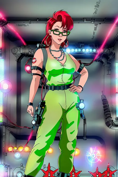 janine standing in NY city street, red hair, green frame glasses, (sky_blue eyeshadow:1.1), glossy pink lipstick, a blue necklace, blue straight tube earrings, small breasts, Ghostbusters jumpsuit uniform, Ghostbusters_Logo patch on the arm, proton pack, black combat boots, sexy pose, high details, Japanese anime, perfect shading, vivid colors, <lora:RGBjanine:1>