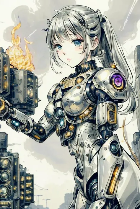 a cute girl made out of silver and gold in a cyber destroyed city background, (cyborg:1.1), (intricate details), realistic, hdr, (intricate details, hyperdetailed:1.2), cinematic shot, long white hair, (from side:0.2), screens, led, fire, ice, <lora:Moxin_10:0.6>