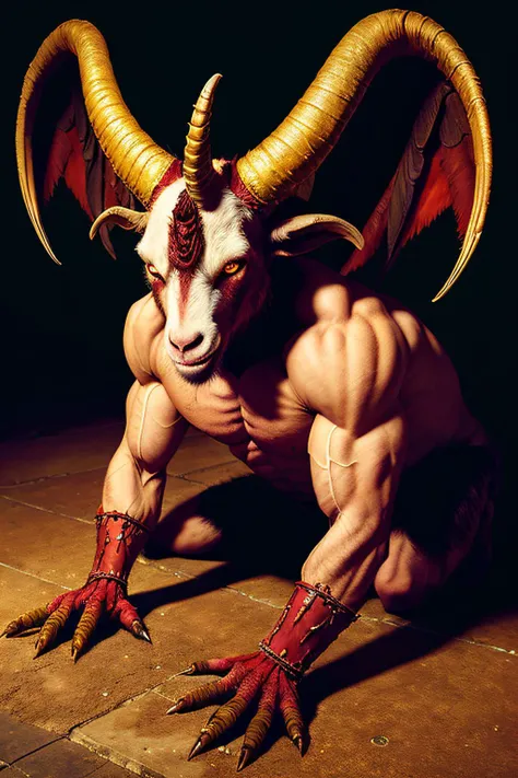 a goat headed demon with big horns, strong beefy upper body, blood body paints, furs, ((claws, wings)), demonic armor, blood splatters, skulls on the floor, necromancer ritual , medieval, dark room, dim light,
masterpiece, realistic, oil painting