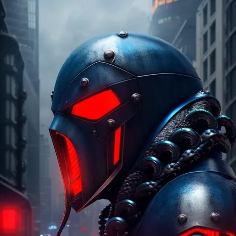 ((kraken style helmet)), metallic matte armor suit, dark blue full Cloak, ((realistic)), background cyberpunk city, future soldier, assassin, red lights, night time, side view portrait, (detailed helmet), sharp vertical rectangular mouth, red light in mouth, two eye sensors,