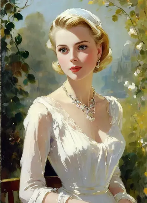 masterpiece, highest quality, (woman), (attractive female, lips, eyes, hair, necklace, shoulders, background environment:0.85), (style of (frank bramley:1.0):1.15), (realistic:1.3)