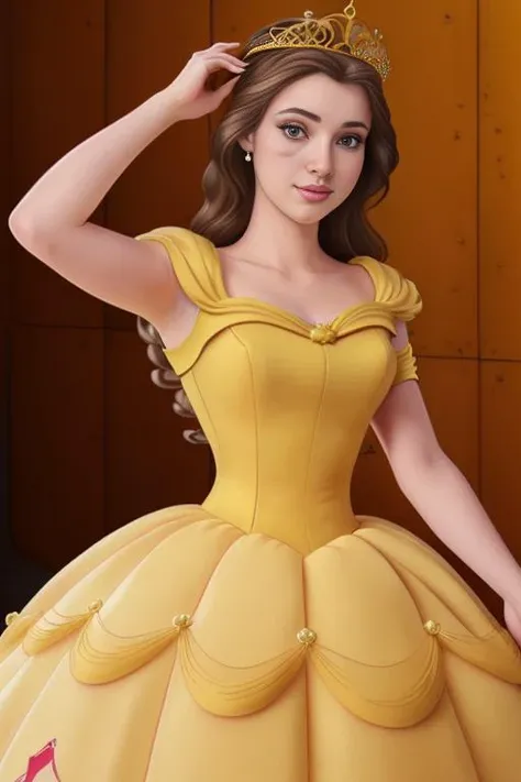 (masterpiece, top quality, best quality, official art, beautiful and aesthetic:1.2), (1girl:1.3), upper body, (yellow dress, tiara, long skirt),  (masterpiece:1.2), (best quality), (ultra detailed), (8k, 4k, intricate),(full-body-shot:1),(highly detailed:1.2), ,(detailed background)(detailed face:1.2), (gradients) spray glowing, , BelleWaifu, <lora:belleBeautyAndTheBeast_v10:.6>