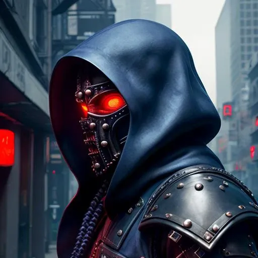full kraken mask, ((realistic)), dark blue cloak, cyberpunk, cool, futuristic, stealth, side view, night time, background cyberpunk city, (assassin), samurai, body armor,