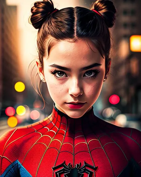 spiderman girl, bun hair, portrait, epic, cinematic, hypperrealism, hdr