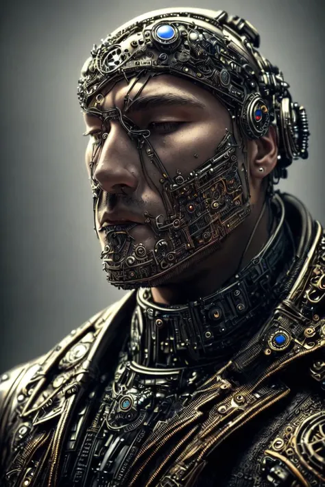 depressed attractive cybernetic man looking down, (steampunk cyborg:1.2), (intricate details), hdr, (intricate details, hyperdetailed:1.2), stark lighting, facing away from camera, hyperrealism, <lora:epiNoiseoffset_v2:0.8>, side shot, portrait, torso, hyperdetailed real human hair, (closed eyes), worn leather jacket, skin pores, hyperdetailed perfect real human skin, hyperdetailed face, tensorfunk <lora:tensorfunkLoraVersion_v10:1>