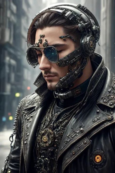 depressed attractive cybernetic man looking down, (steampunk cyborg:1.2), (intricate details), hdr, (intricate details, hyperdetailed:1.2), stark lighting, facing away from camera, hyperrealism, <lora:epiNoiseoffset_v2:0.8>, side shot, portrait, torso, hyperdetailed real human hair, (closed eyes), worn leather jacket, skin pores, hyperdetailed perfect real human skin, hyperdetailed face, tensorfunk <lora:tensorfunkLoraVersion_v10:0.3>