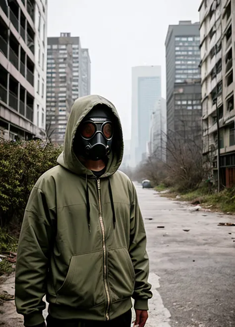 Man, gas mask, hood, unmanaged clothes, ruined ,overgrown city on background, on the street, view from side