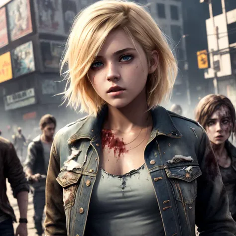 masterpiece, high detail, trending on artstation, realistic, detailed face, pretty teen girl, blonde dirty hair, short hair, torn clothes, dirty, jacket, ripped low waist jeans, shirt, muscular, midriff, legs, (running away), dirty face, dirty clothes, looking to the side, in a zombie apocalypse, complex background, zombie crowd in background, RAW, canon r6, wide shot, sharp, dramatic lights, shadows, scared