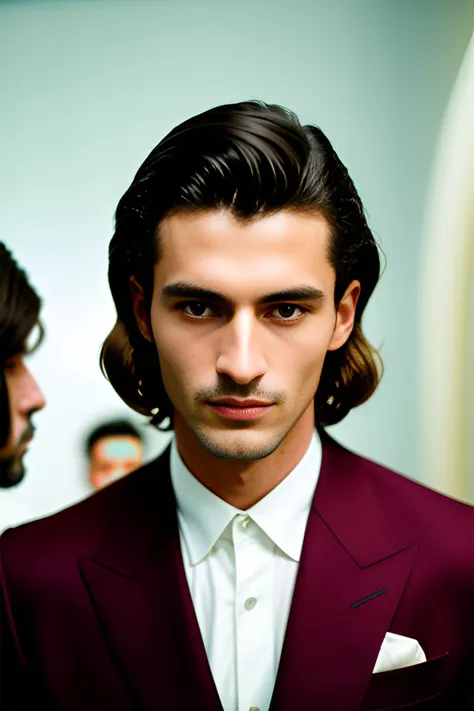 Award-winning, Behind Scenes photography backstage of a gucci man fashion show, Portra 400, film, extremely detailed, hyper-realistic, beautiful lighting, Vogue Runway, Hysnobiety, WWD, WGSN,