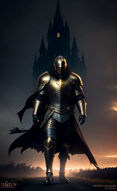 man, knight, red eyes behind the mask, big heavy black armor with golden parts, fur cape, evening, castle on background, atmospheric, mist, best quality masterpiece, photorealistic, detailed, 8k, HDR, shallow depth of field, broad light, high contrast, backlighting, bloom, light sparkles, chromatic aberration, sharp focus, RAW color photo, volumetric lightning, gothic, <lora:epiNoiseoffset_v2:1>