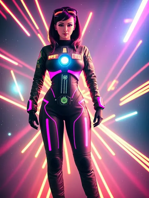 Perfect retrowave cybergirl in pilot suit, tall, full body, concert lighting, clear face, amber light, fiber optic, pinhole lens, retrowave style, dof, high quality, high detalied