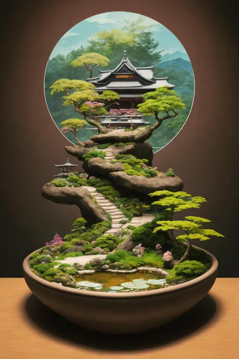 japanese dwarf pine, (ikebana:1.1), japanese pond and garden on background, by charlotte grimm, japanese garden, sci-fi, cyberpunk, intricate, highly detailed, digital painting, artstation, illustration, art by artgerm and alphonse mucha, vibrant volumetric lighting