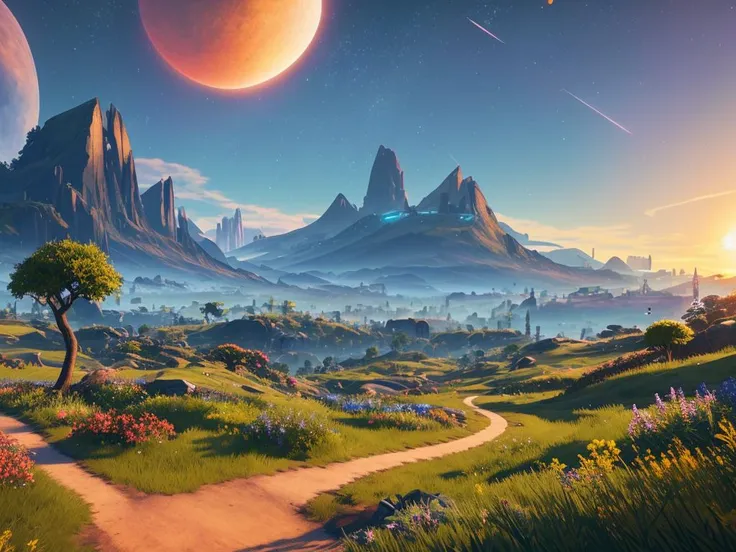 Perfect landscape, Io scenery, secret garden, sunrise, sci-fi, HDR, DOF, torches, Destiny 2 style