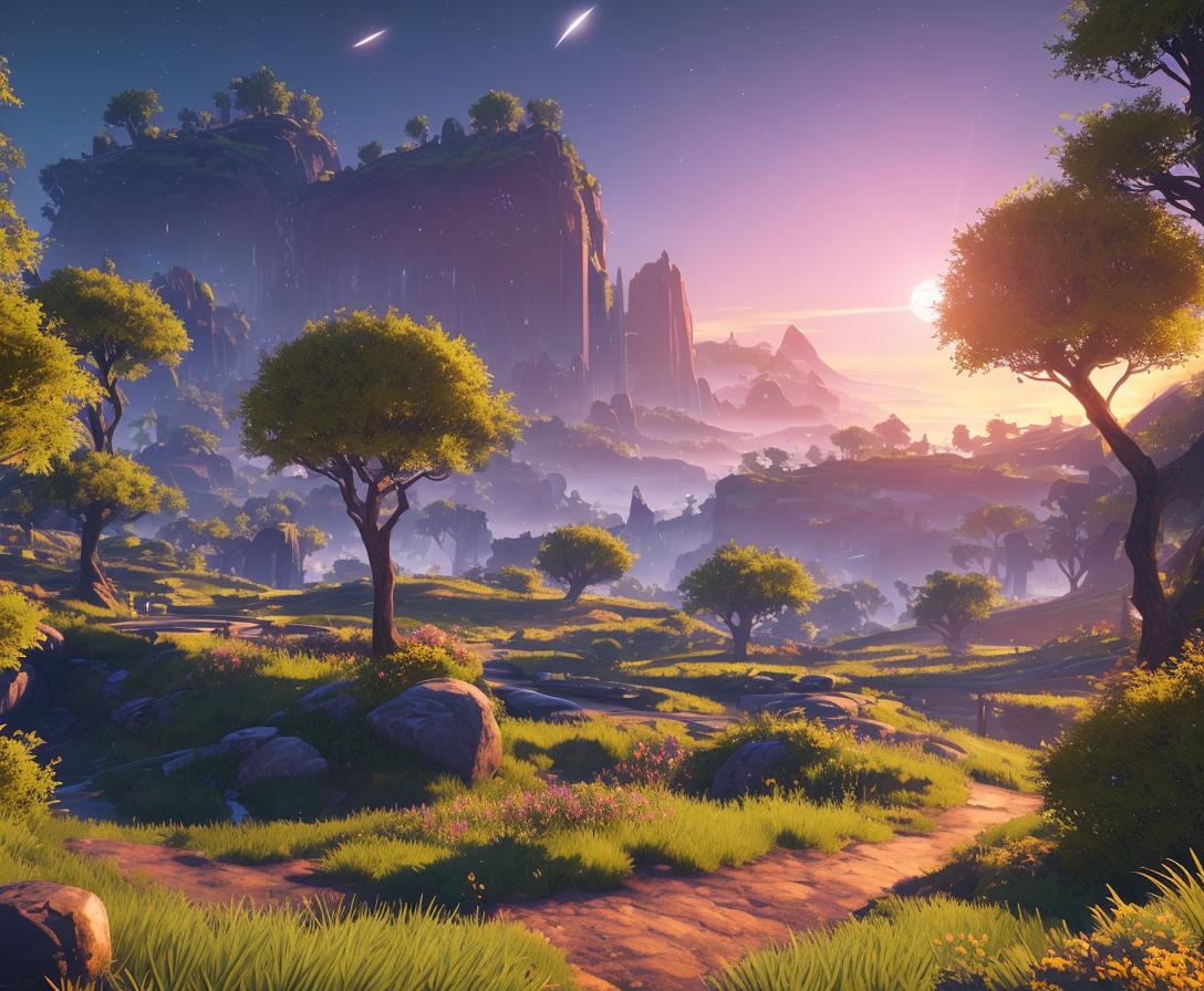 A screenshot of a landscape with trees and rocks - SeaArt AI