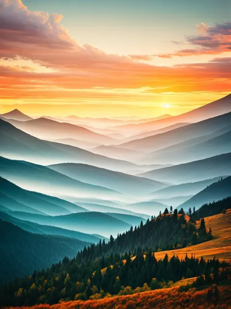 fantasy, mountains, sunset, atmosphere,