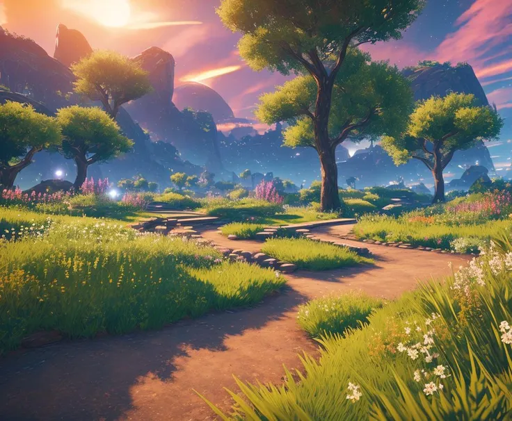 Perfect landscape, Io scenery, secret garden, sunrise, sci-fi, HDR, DOF, torches, Destiny 2 style