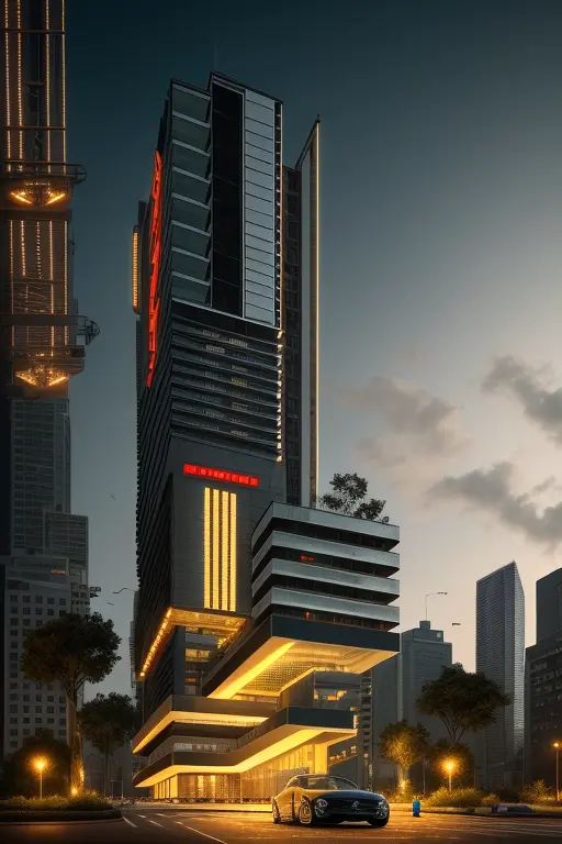 architecture, street, cars, high building, interior lighting,  photorealism,  (cyborg:1.1), ([tail | detailed wire]:1.3), (intricate details), hdr, (intricate details, hyperdetailed:1.2), cinematic shot, vignette, centered