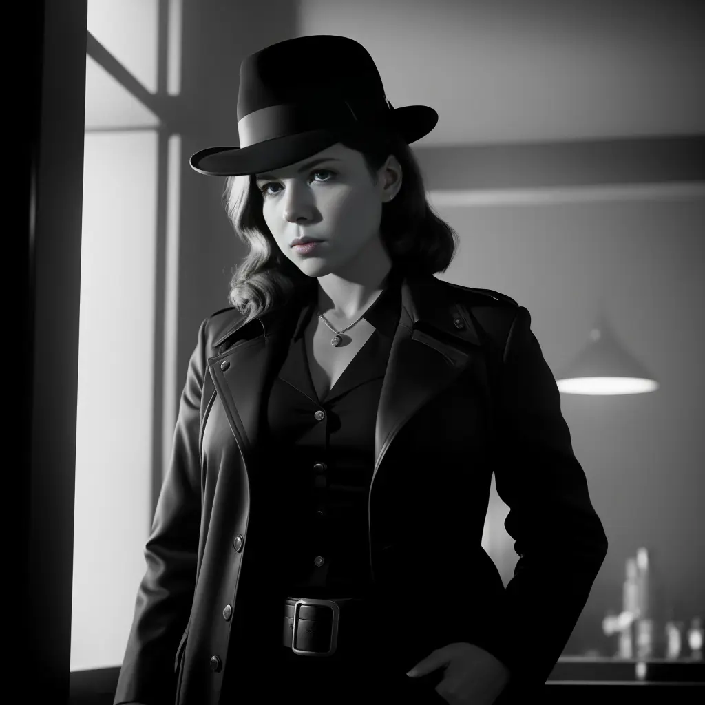 full body highly detailed cinematic ((low key film noir photo)) of a female hard boiled detective in a smoky bar